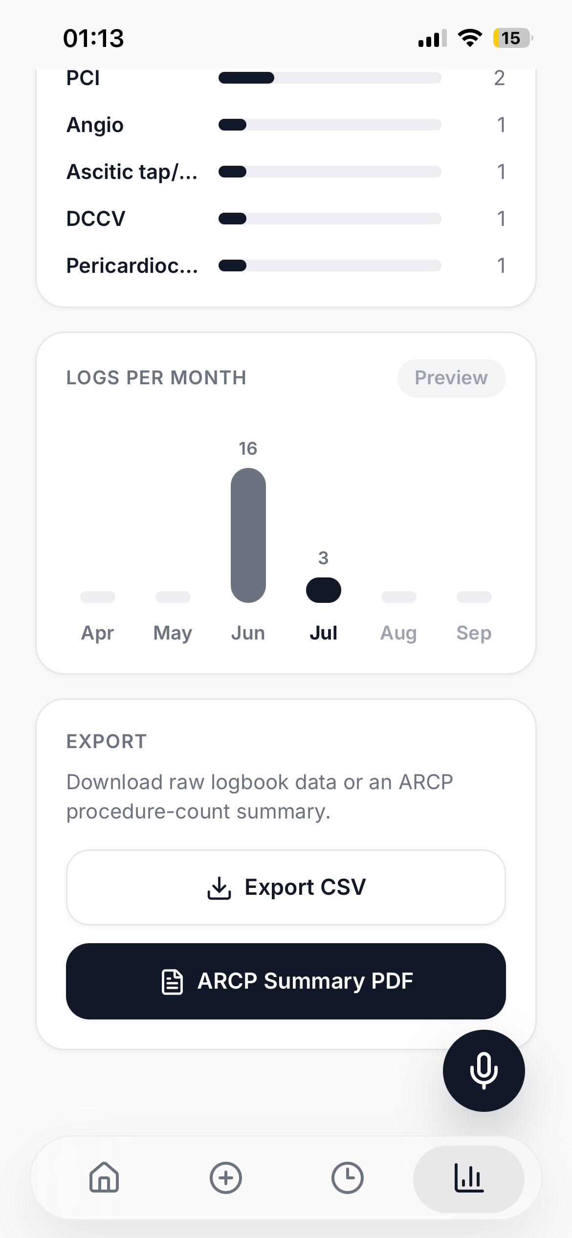 Clinote export screen — logs per month, CSV export and ARCP summary PDF