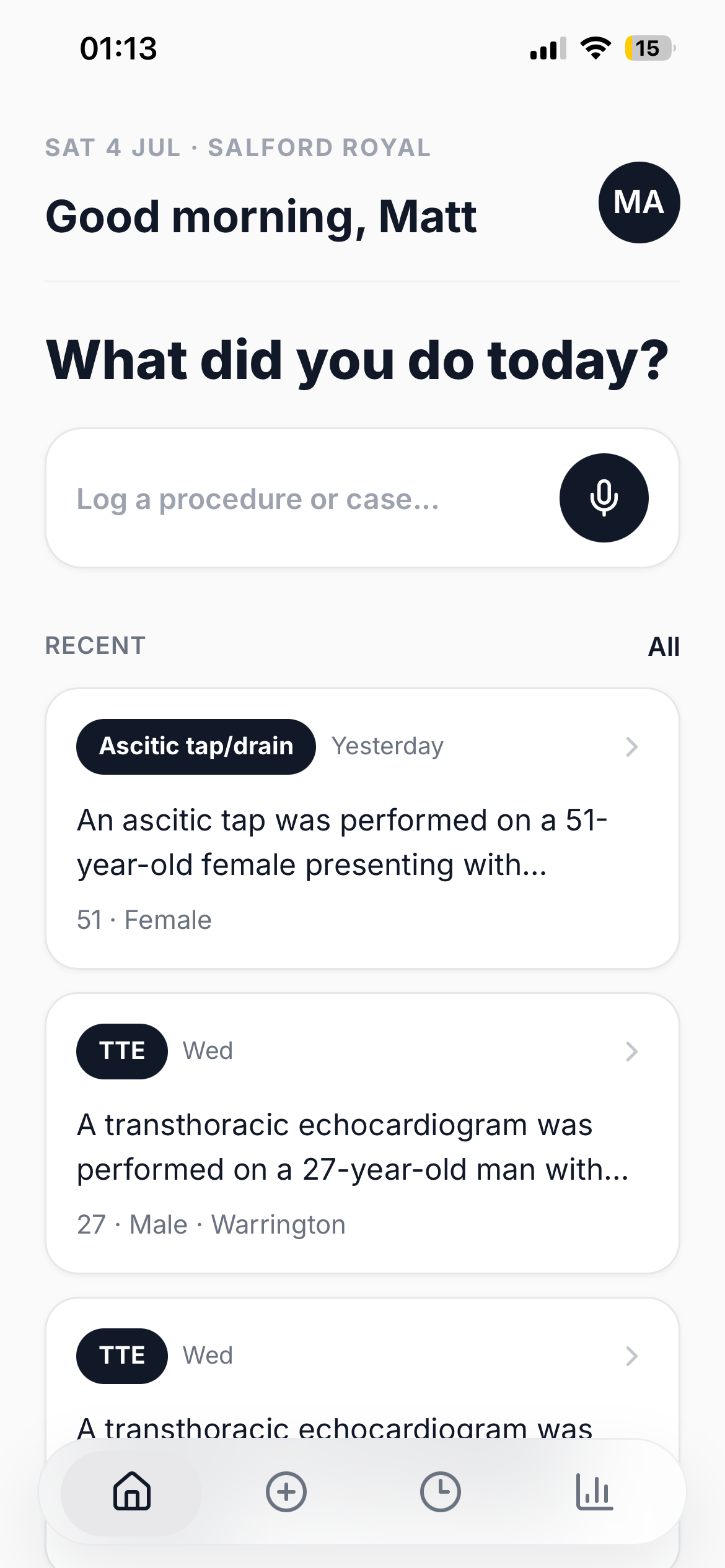 Clinote home screen with recent procedure logs in a timeline